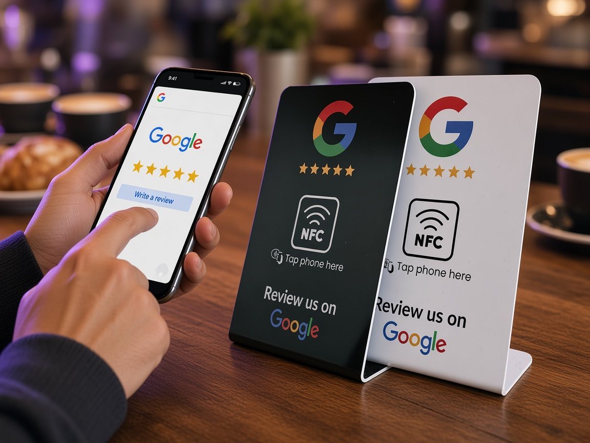 AI scene of Oyra review card stands on a café counter