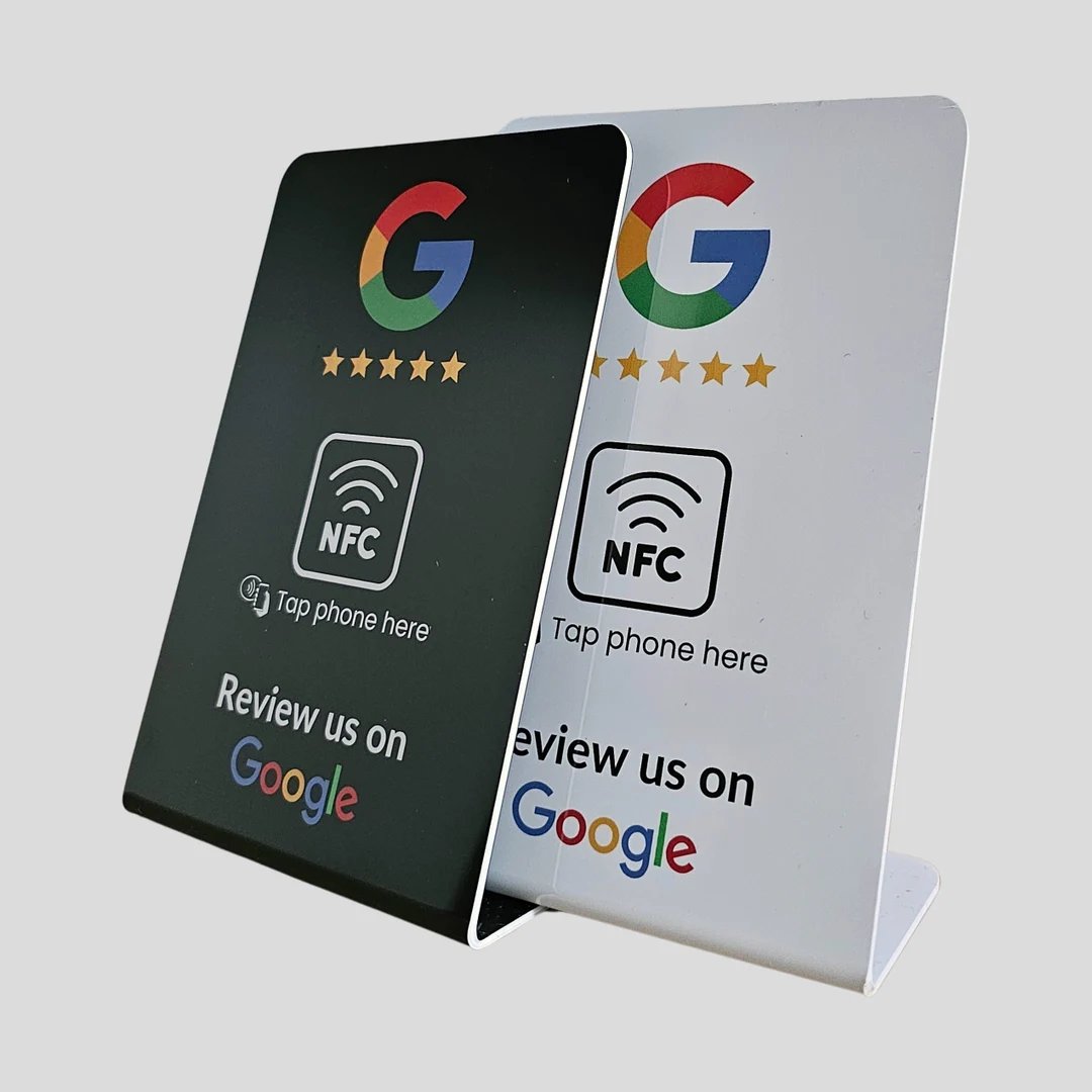 Black and white Google review NFC stands